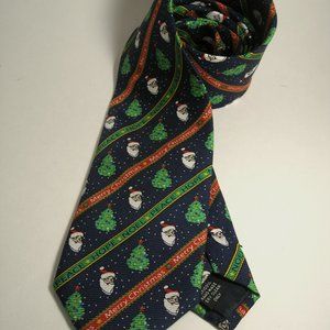 Cape Cod Neckwear Men's 100% Silk Tie Navy Blue Christmas Santa Claus & Trees